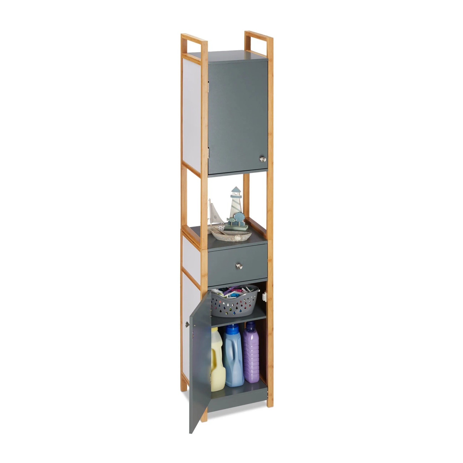 Relaxdays Hochschrank Bad MDF Bambus Dunkelgrau Weiß Natur Höhenverstellbar 165 cm x 31,5 cm x 29 cm 13 kg