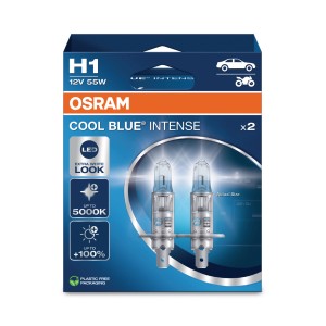 Osram H1 Cool Blue Intense Halogenlampe, 2er-Pack für Autoelektrik mit extra weißem Licht.