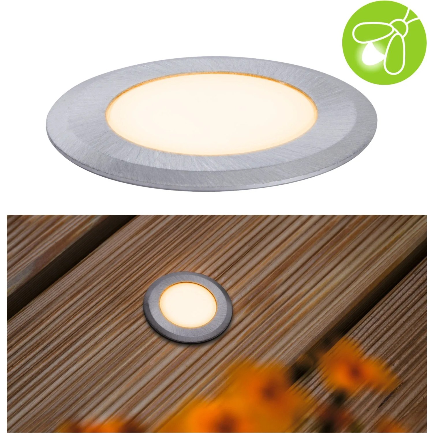 Runder Paulmann LED Bodeneinbaustrahler für Außen, insektenfreundlich, warmes Licht.