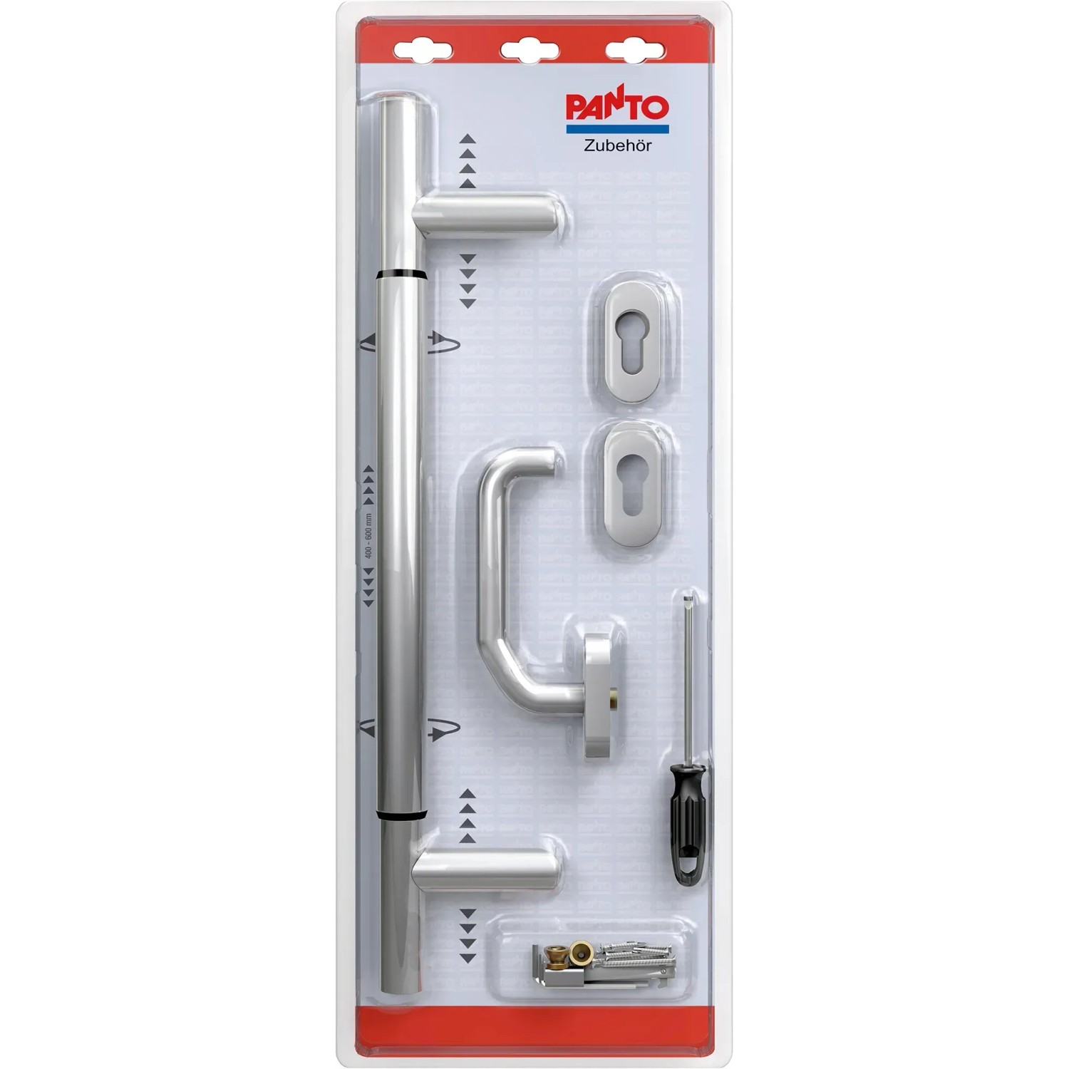 Stoßgriff-Set für Haustüren, Edelstahl, variabel 400-600 mm, inklusive Rosetten, Innendrücker und Befestigungsmaterial.