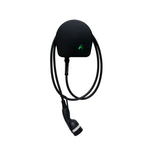 Schwarze Alphatec Wallbox Mini mit Kabel und RFID für Elektroautos.