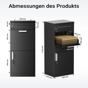 Abmessungen des schwarzen Xpotool Paketkastens aus Stahl. Standbriefkasten mit Einwurfsystem für Pakete und Briefe.