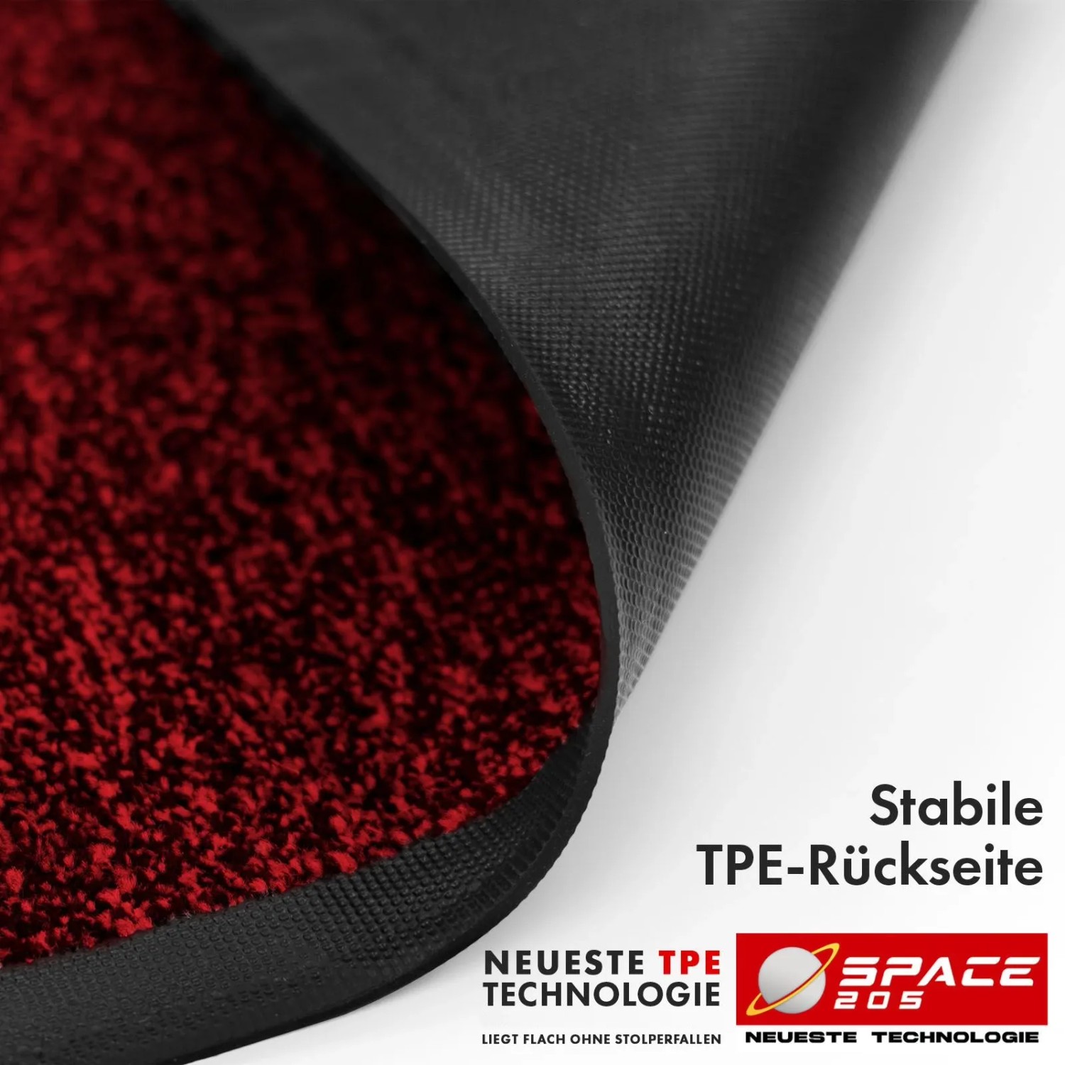 Rote Floordirekt Schmutzfangmatte Space 205 mit rutschfester TPE-Rückseite, Detailansicht.