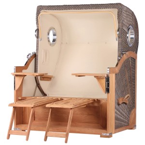 GarWoh Strandkorb Westerland Teak, PE-Geflecht grau, Bullaugen. Hochwertiger, wetterfester Gartenstrandkorb.