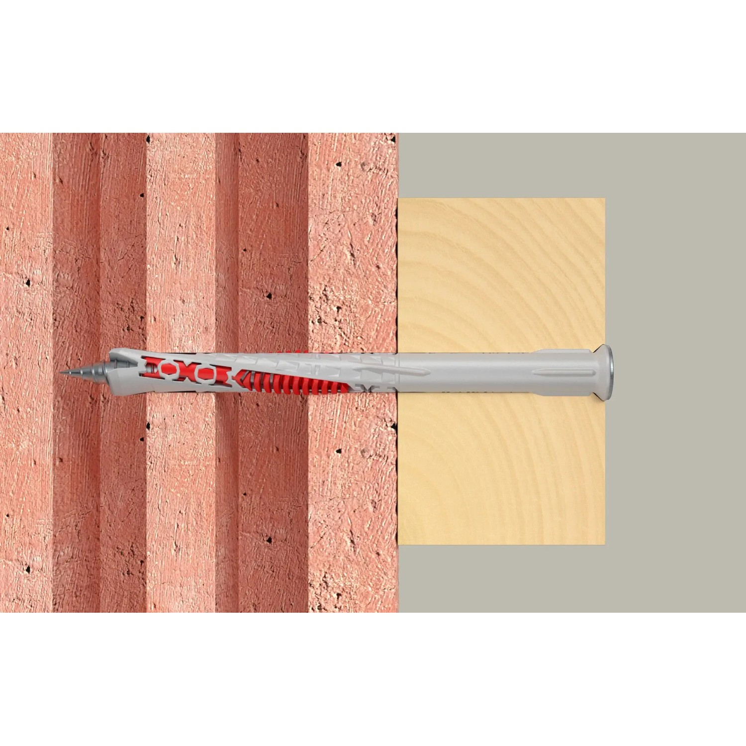 Fischer DuoXpand Langschaftdübel 10x200 mm mit Senkkopfschraube in Mauerwerk und Holz.