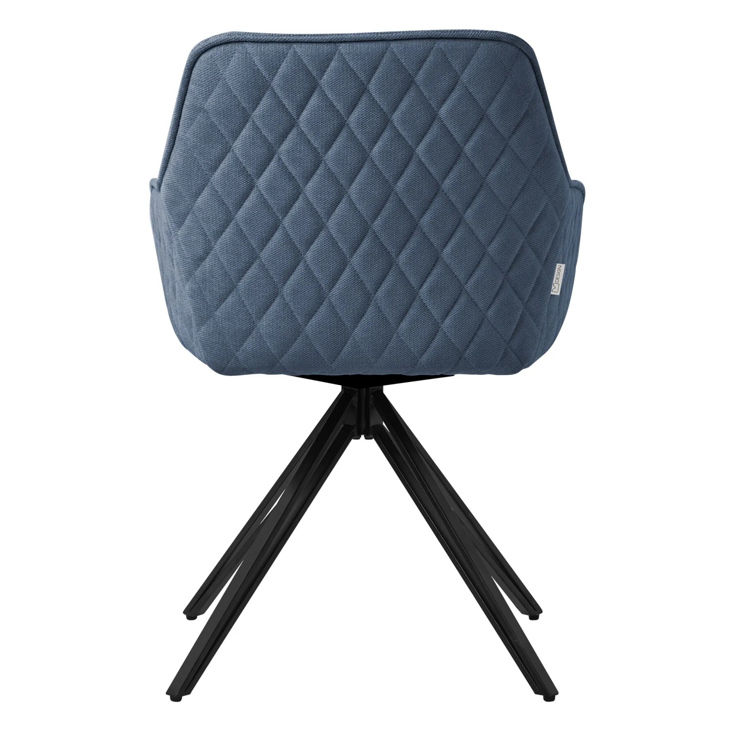 Blauer, drehbarer ML-Design Esszimmerstuhl mit Webstoff und Rautensteppung, Rückansicht.
