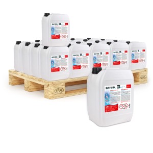 Palette mit 40 Kanistern Bayzid Chlor 13% Flüssig für die Pool Desinfektion.