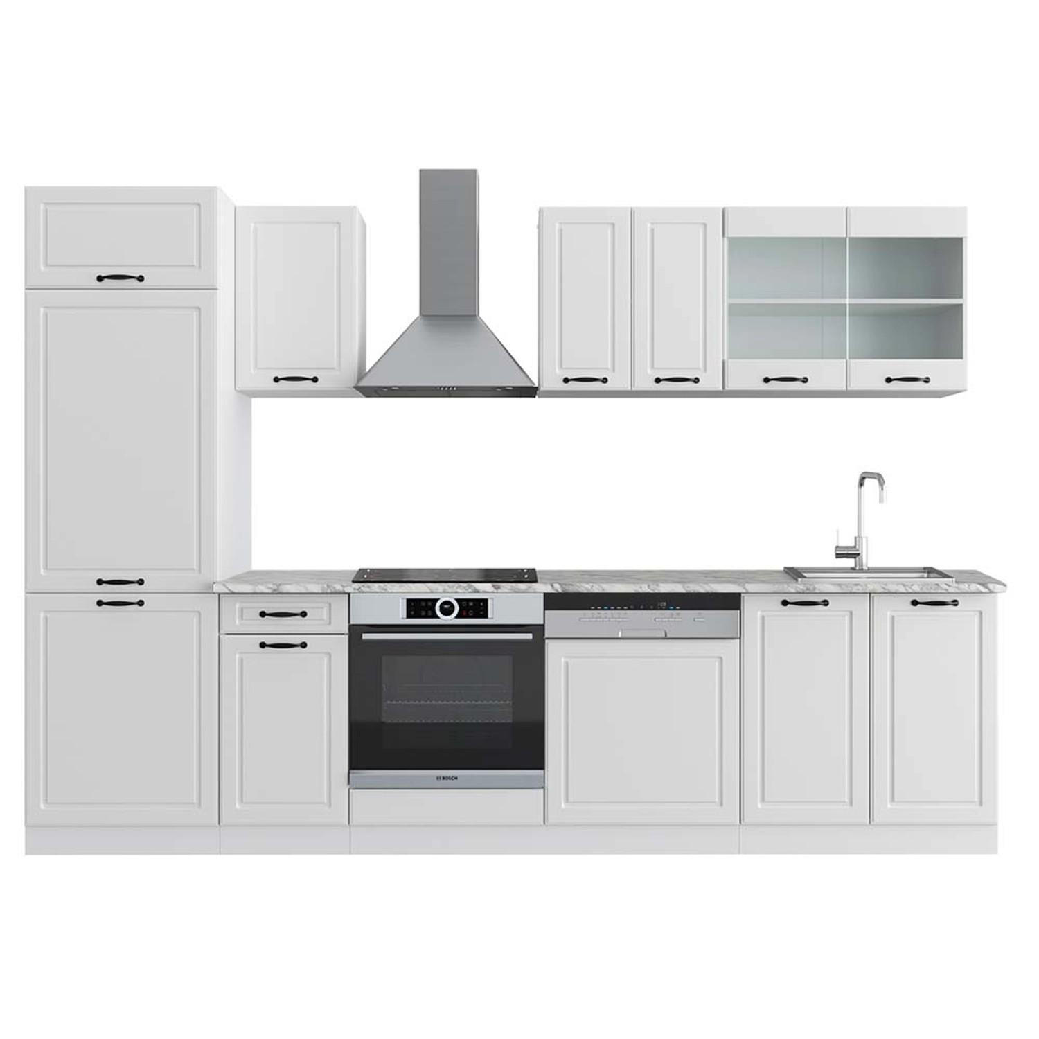 Vicco R-Line Küchenzeile Weiß Landhaus/Weiß 300 cm AP Marmor günstig online kaufen