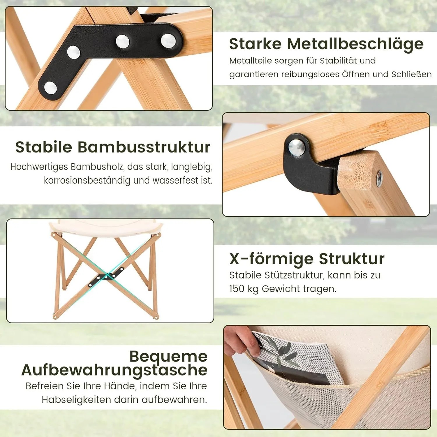 Costway 2er Set Campingstuhl Faltbar Bambusgestell Beige_6
