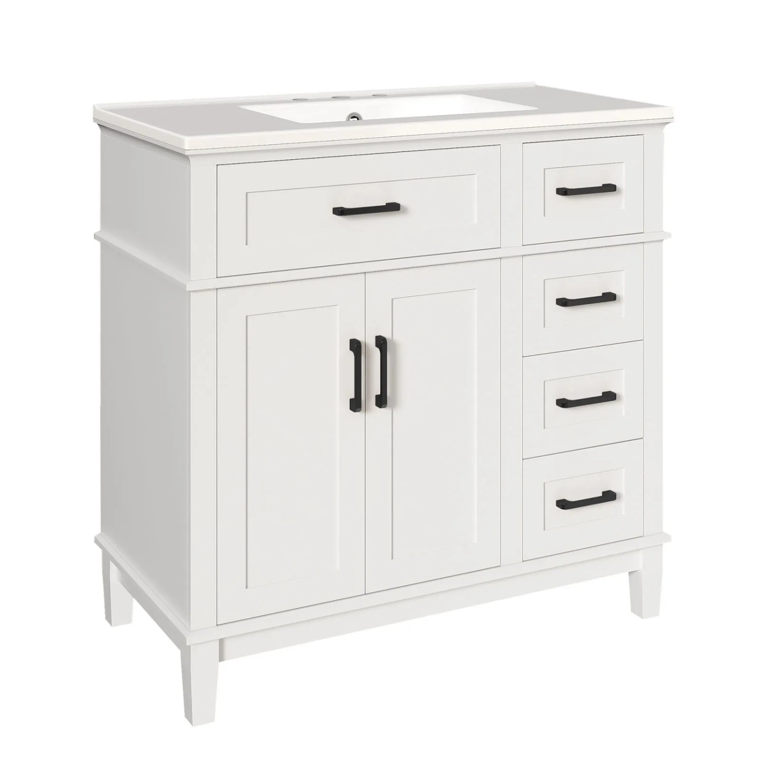 PXloue Waschbeckenunterschrank Badezimmerwaschtisch Weiß 90x46x87 cm mit Keramikbecken 4 Schubladen Klappfach Doppeltür