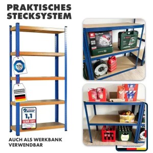Blau-oranges Schwerlastregal mit fünf Böden, als Werkbank nutzbar, Traglast bis 875 kg.