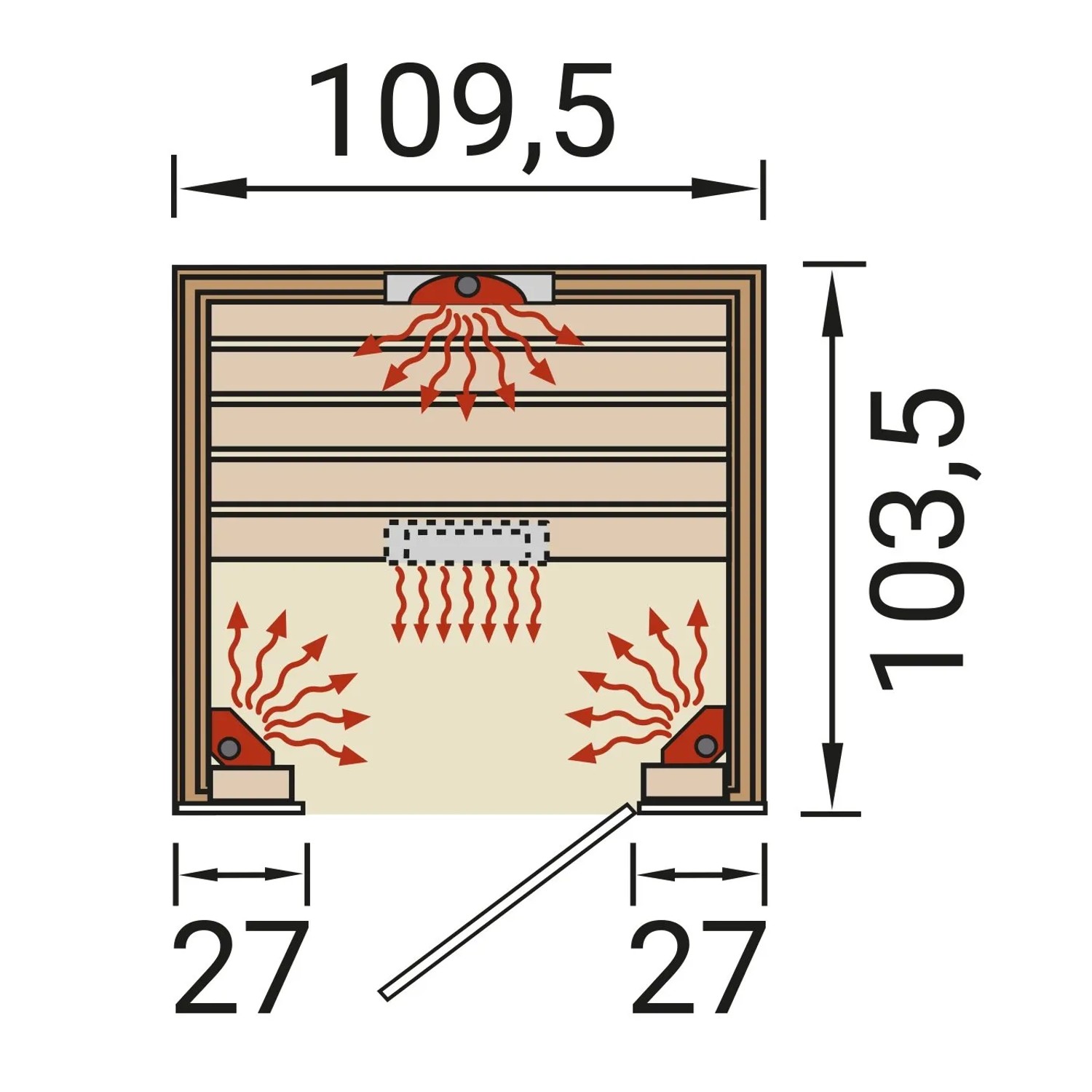 Skizze der Weka Infrarotkabine Hamina 1 mit Maßen und Position der Linienstrahler.