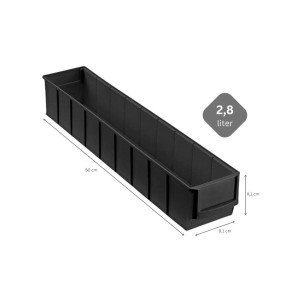 Schwarze PROREGAL Industriebox, 50 cm lang, 2,8 Liter ESD Sortimentskasten für Aufbewahrungssysteme.