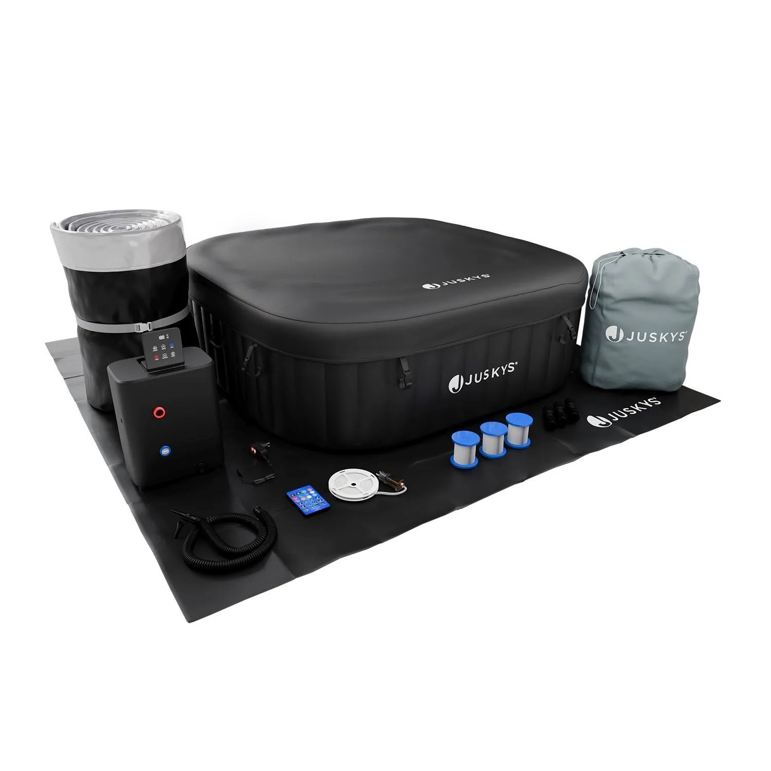Juskys SpaLuxe aufblasbarer Whirlpool Schwarz mit Abdeckung, Steuerbox, LED-Beleuchtung und Zubehörset.