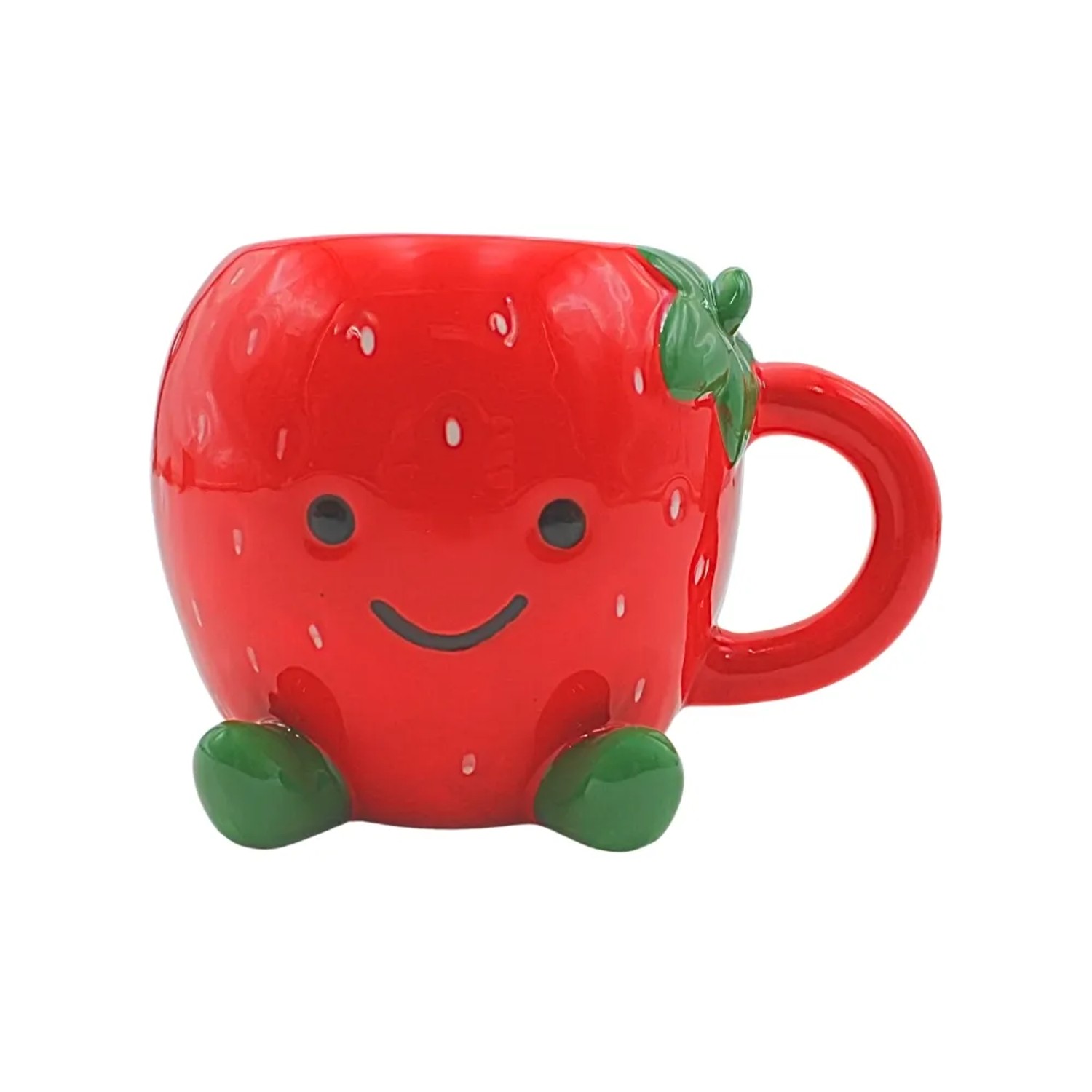 Dekohelden24 Kaffeebecher Erdbeere Kaffeetasse Erdbeere Tasse mit Erdbeergesicht Erdbeer Becher aus Keramik als Erdbeere Größe H/Ø 9 x 13 cm