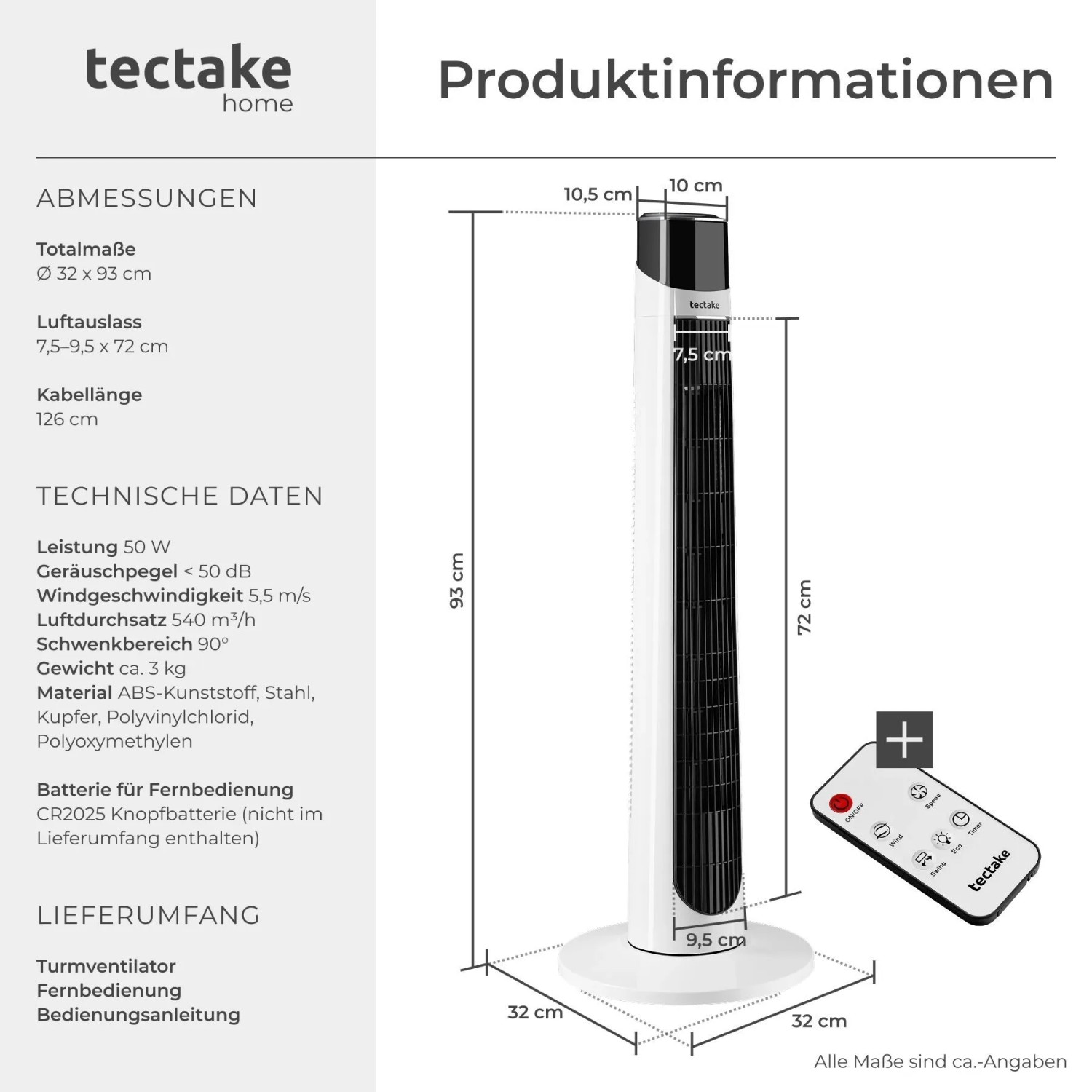 Tectake Turmventilator Arktis 90° Schwenkfunktion 3 Modi und 3 Geschwindigkeitsstufen  32 x 32 x 93 cm Weiß_6