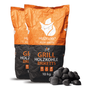 Zwei orange-schwarze Heizfuxx Grillbriketts 10kg Säcke und Holzkohlebriketts aus Hartholz.