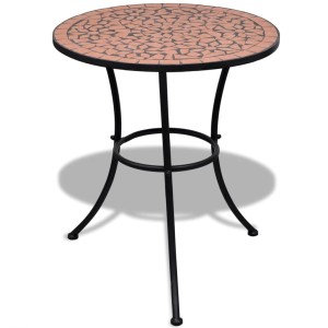 Bistrotisch, Terrakotta-Rot, Ø 60 cm, Mosaik-Tischplatte und schwarzes Metallgestell.