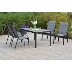 Merxx Amalfi Gartenmöbel-Set, 5-teilig, mit 4 Stapelsesseln und Tisch (150x90cm) in Grau.