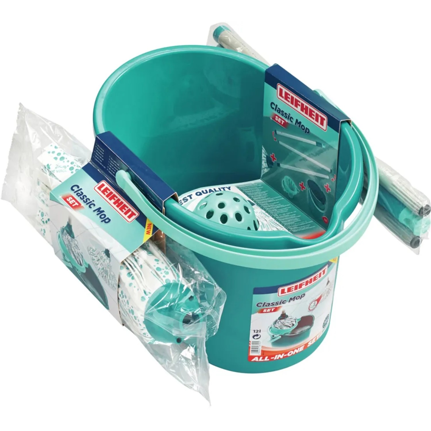 Leifheit Wischmop-Set Classic mit Eimer, Stiel und Auspress-Aufsatz in Türkis.