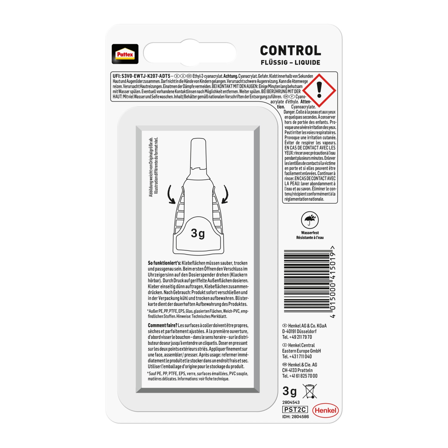 Pattex Sekundenkleber Flüssig Matic 3g Tube, farblos, für schnelle Reparaturen.
