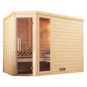Weka Massivholzsauna Turku 3 Sparset mit Glastür und Fenster, naturbelassenes Fichtenholz.