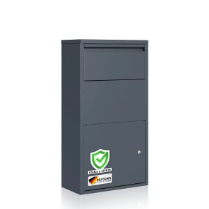 Anthrazitfarbene KARAT Paketbox Clement mit Klappsystem und Schloss. Wetterfester Paketkasten.