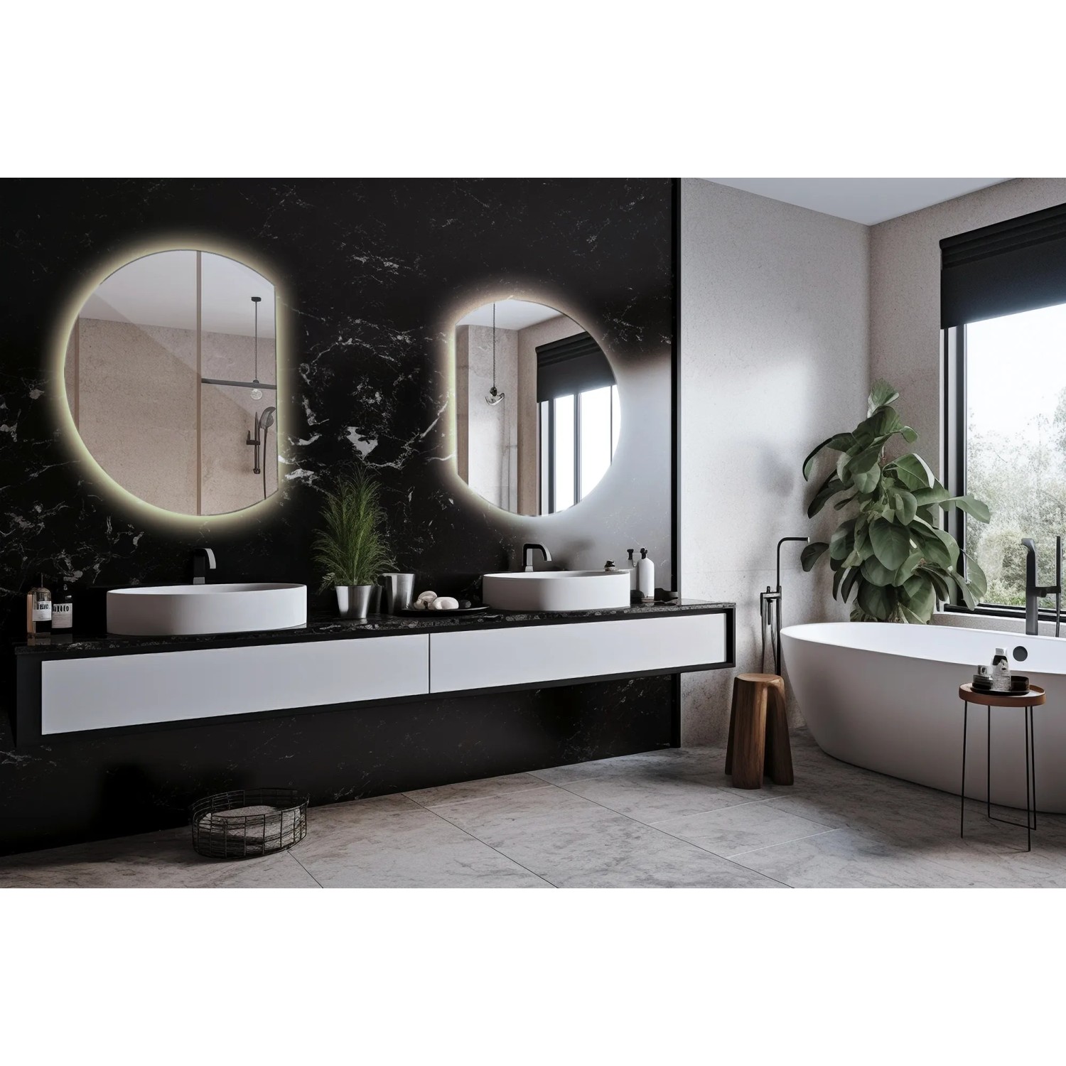 Runder Tulup LED Spiegel mit gerader Kante, beleuchtet. Moderner Design Badspiegel 63x70 cm für stilvolle Bäder.