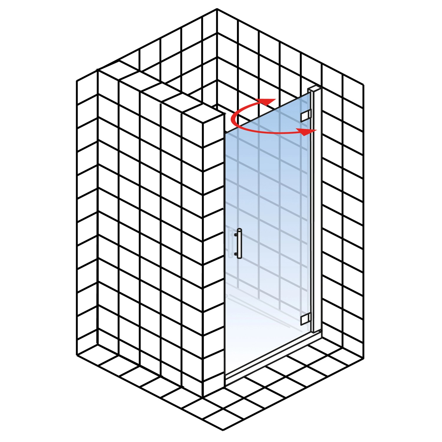 Schulte Drehtür Toura für Nische, Türanschlag rechts, 90x200 cm, pendelbar mit rotem Pfeil.