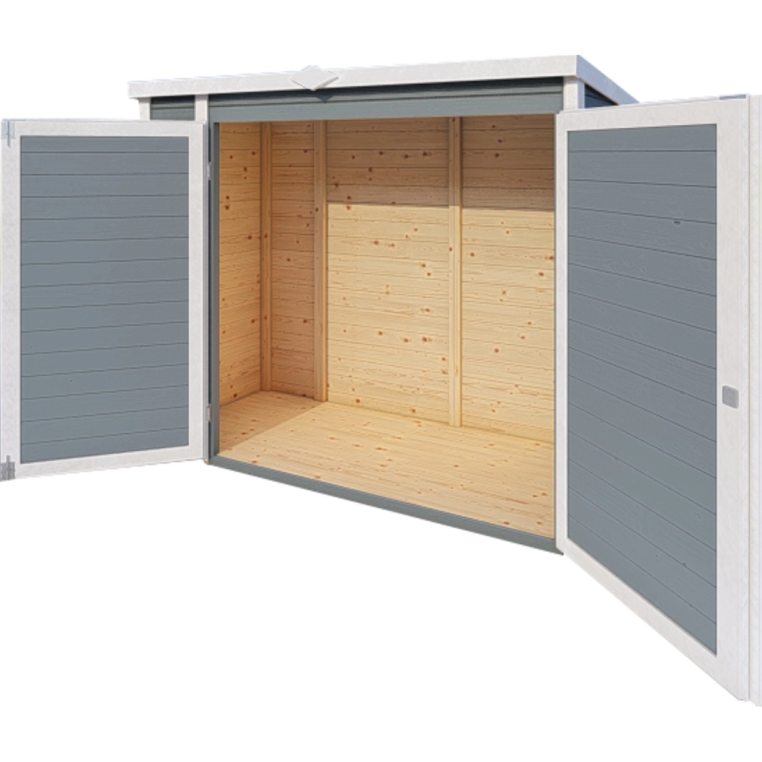 Geöffneter, grauer Bertilo Gartenschrank Multibox 3 (200x82cm) aus Holz, Innenausbau sichtbar.