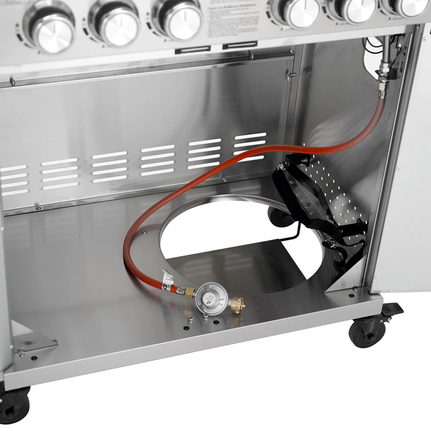 Innenansicht Taino Platinum Yamara 4+2 Gasgrill mit Gasdruckregler und Schlauch.