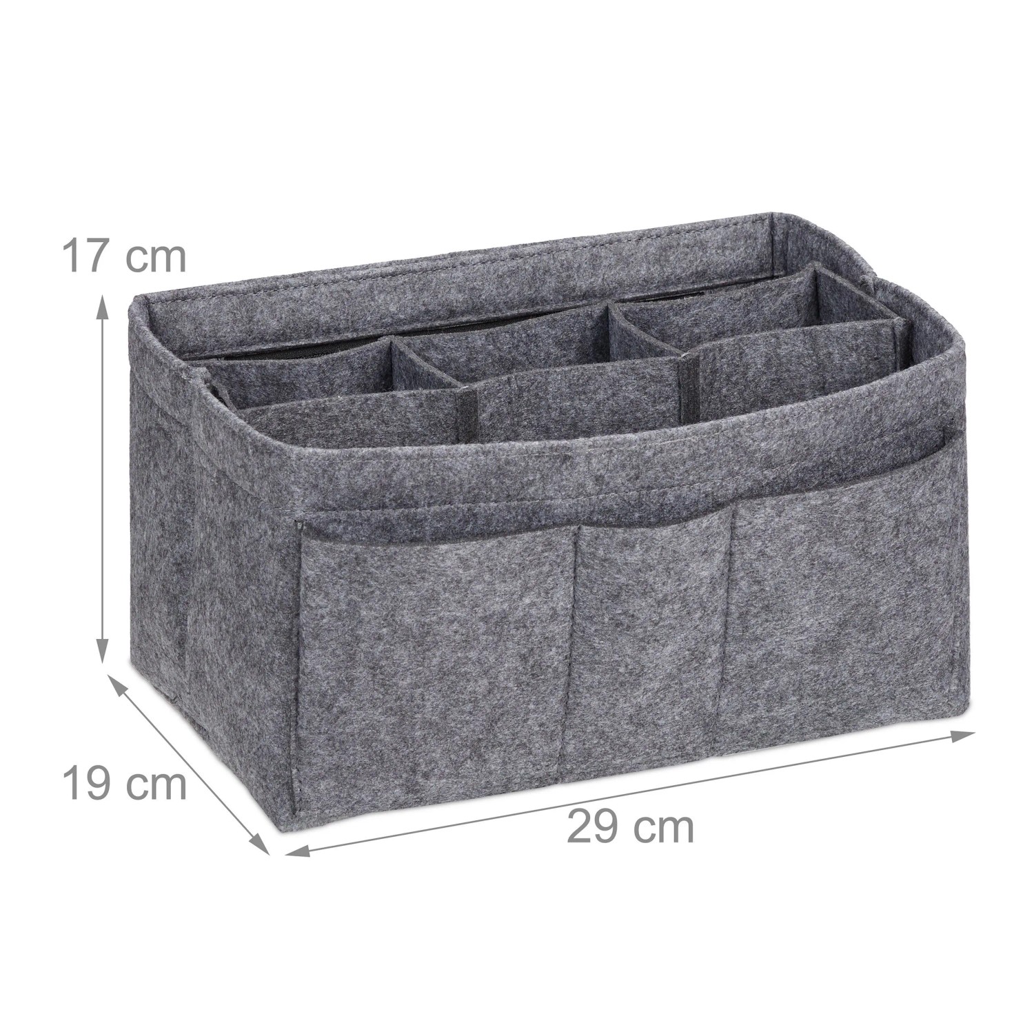 Dunkelgrauer Filz Taschenorganizer mit vielen Fächern und Mitteltrenner für Handtaschen, 17x29x19 cm. Ideal zur Aufbewahrung.