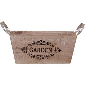 Braune Holzkiste "Home" mit Metallgriffen, 22,5x13x10 cm, für Übertöpfe oder zur Aufbewahrung.