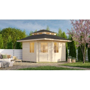 Weka Saunahaus Kurikka, 380x380 cm, mit 9 kW Ofen im Sparset. Naturholz-Optik mit Zeltdach.