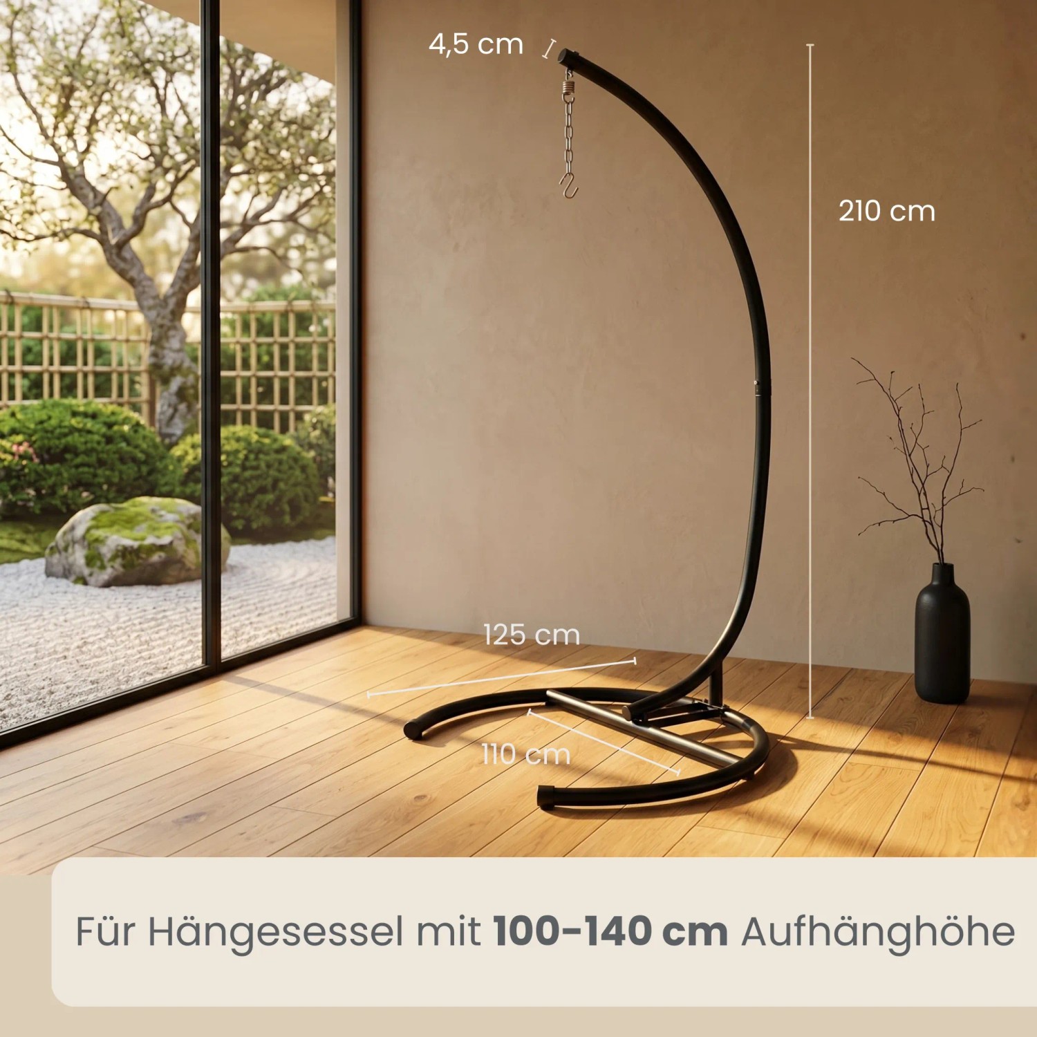Schwarzes AMANKA Hängestuhlgestell aus Metall, 210 cm hoch, mit Kette und Haken. Für Hängesessel bis 150 kg, stabil und wetterfest.