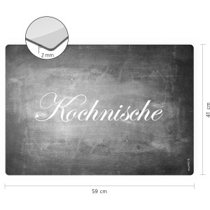 Myspotti Mini-Spritzschutzplatte Kochnische, 59x41cm, graue Küchenrückwand mit Schriftzug.