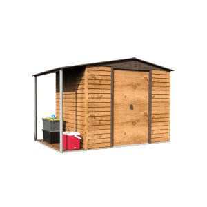 DURAMAX Metall-Gerätehaus Alpine 2,4x1,8m mit Anbau in Braun Holzoptik