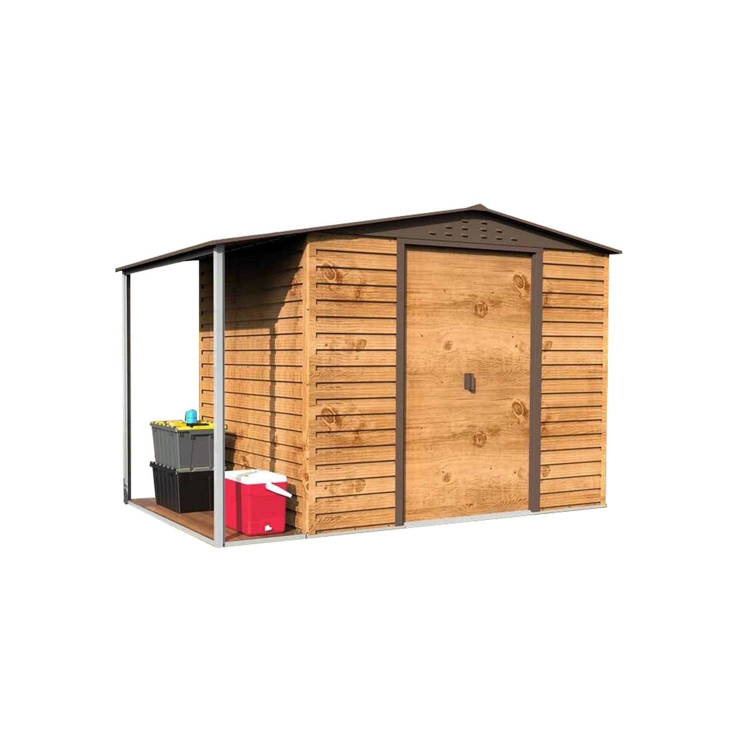 DURAMAX Metall-Gerätehaus Alpine 2,4x1,8m mit Anbau in Braun Holzoptik günstig online kaufen