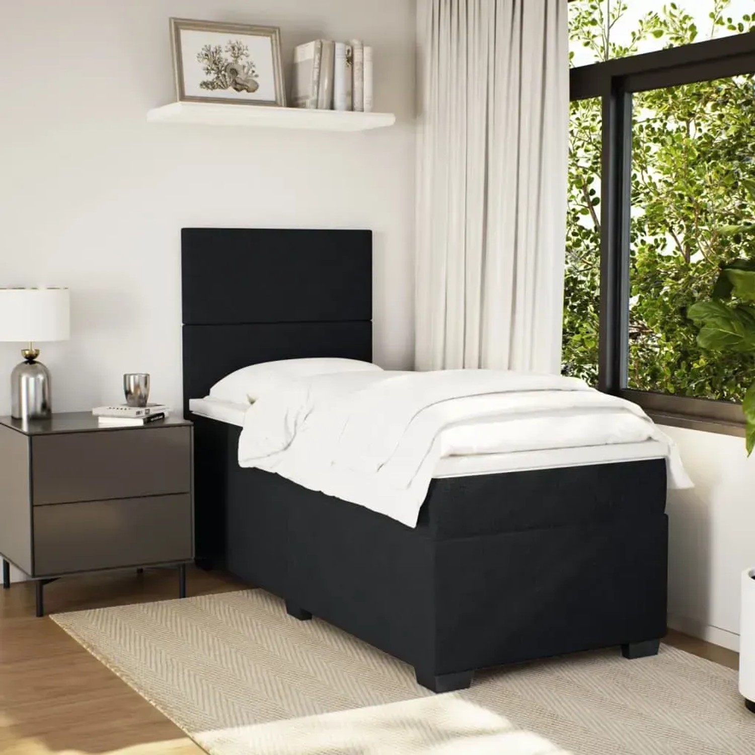 Schwarzes vidaXL Boxspringbett (100x200 cm) mit Matratze und Kopfteil im Schlafzimmer.