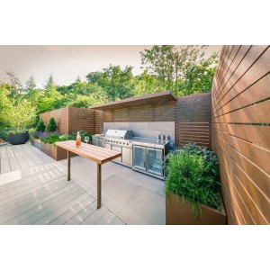 MyOutdoorKitchen Modul-Kühlschrank (2-türig) aus Edelstahl in einer modernen Outdoorküche.