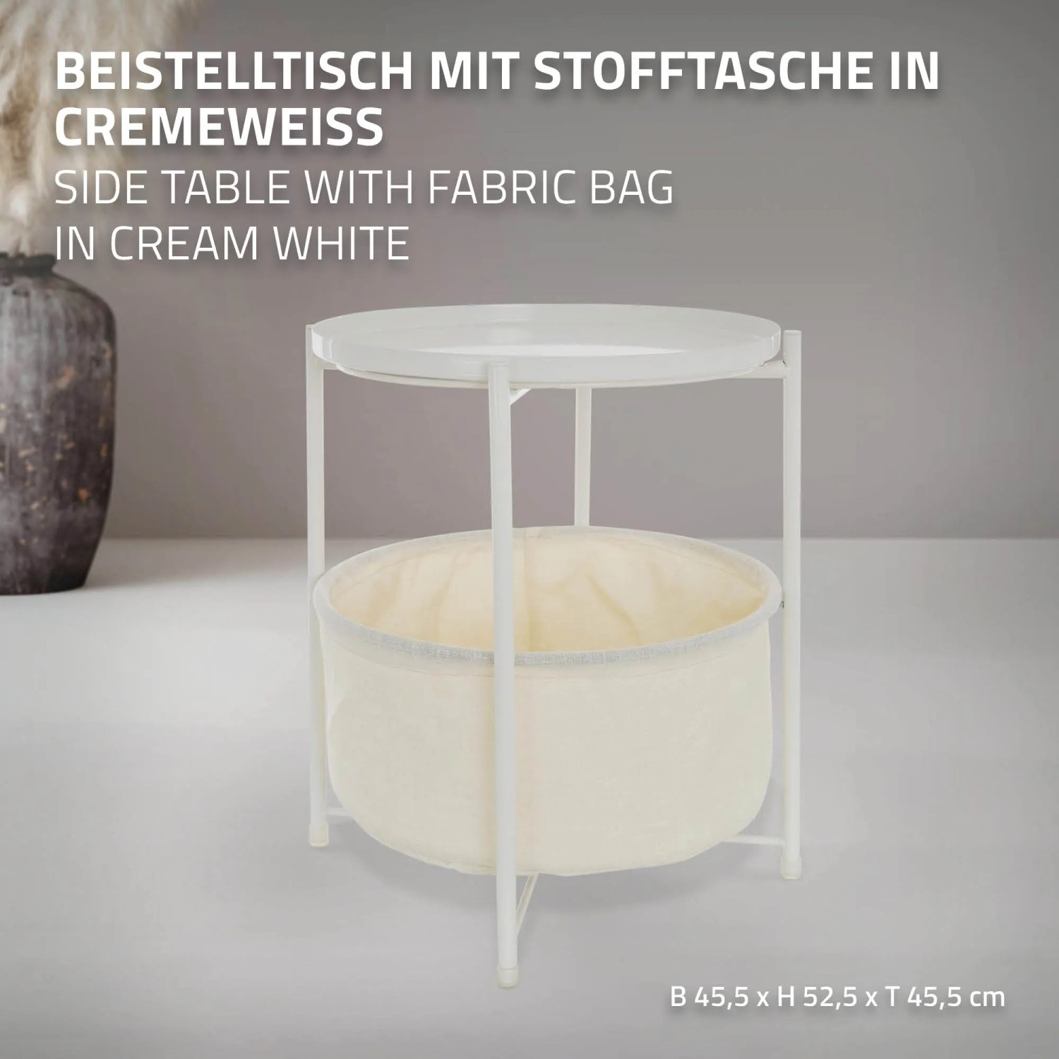Weißer ML-Design Beistelltisch mit Stoffkorb, rund, 45,5x52,5 cm. Couchtisch für Wohnzimmer.
