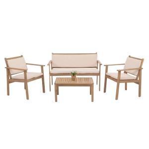 Gartenmöbel-Set: Akazienholz, beige Kissen, bestehend aus Bank, zwei Sesseln und Tisch.