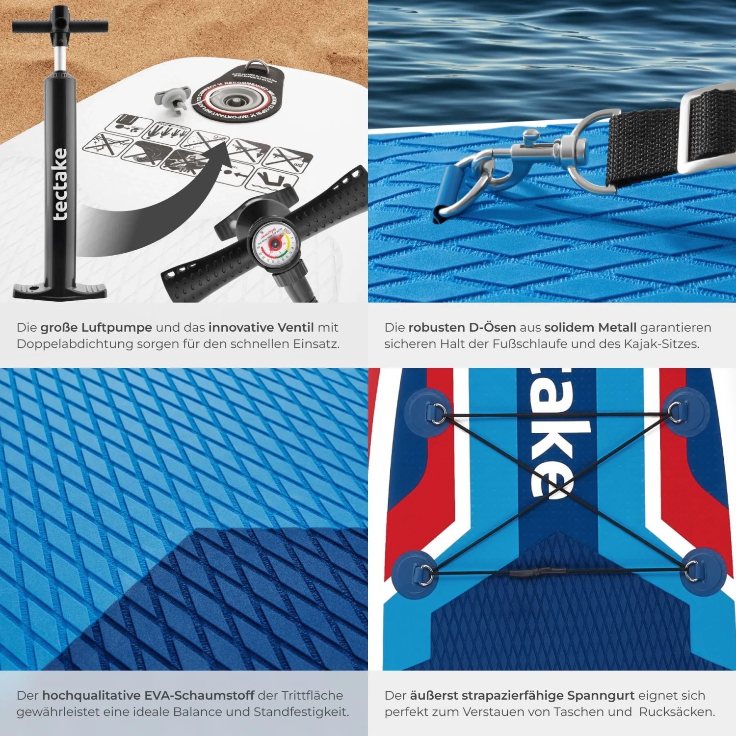 Tectake Stand Up Paddle Board Poseidon: Details von Pumpe, D-Ösen, rutschfester EVA-Oberfläche und Spanngurt für Wassersport.