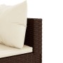 Detailaufnahme: Braunes Garten Lounge Set aus Poly Rattan mit cremefarbenen Kissen.