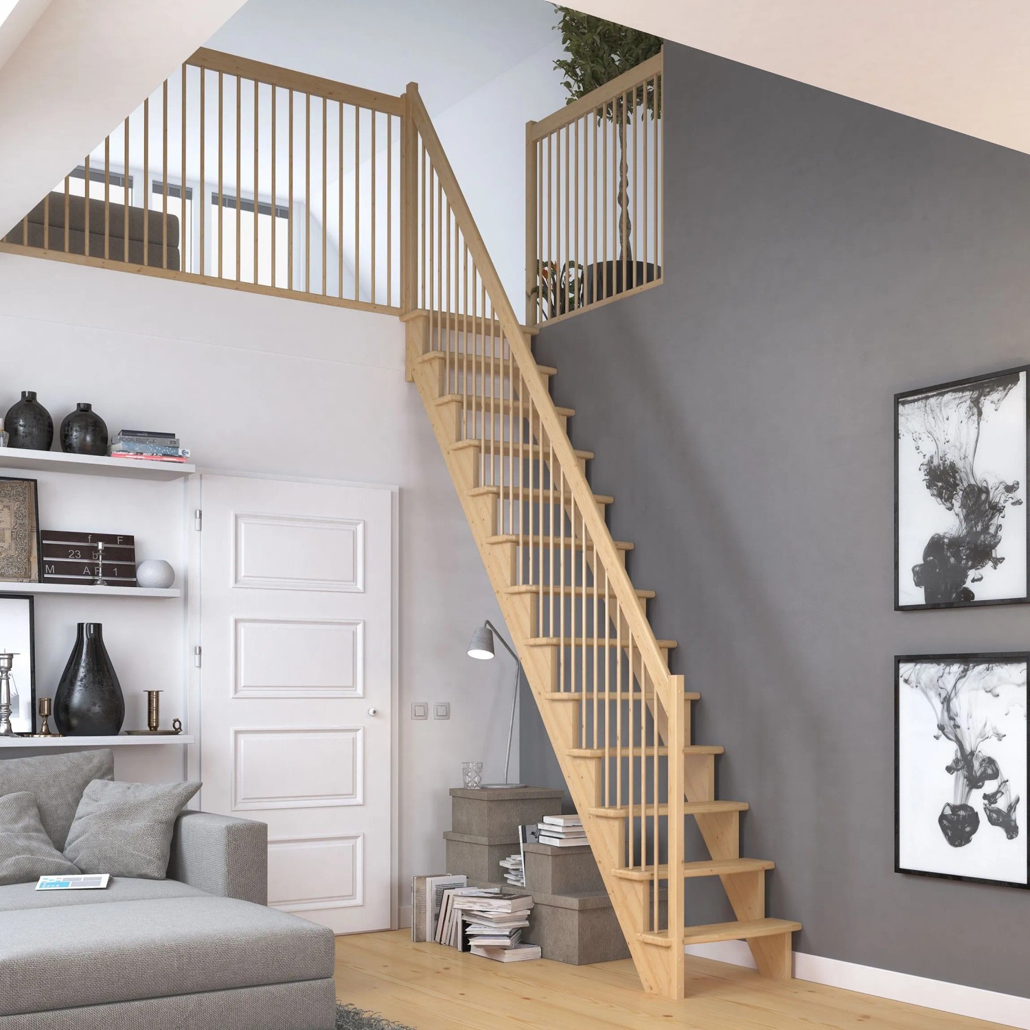 Dolle Raumspartreppe Lyon aus Kiefernholz mit Holzgeländer, gerade Treppe, 65 cm breit.