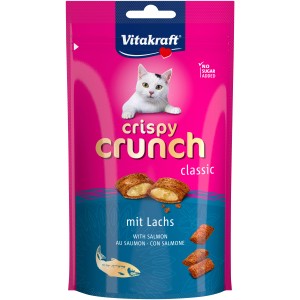 Vitakraft Crispy Crunch Lachs, 60g Katzenleckerli im pinken Beutel mit Snack-Abbildung.