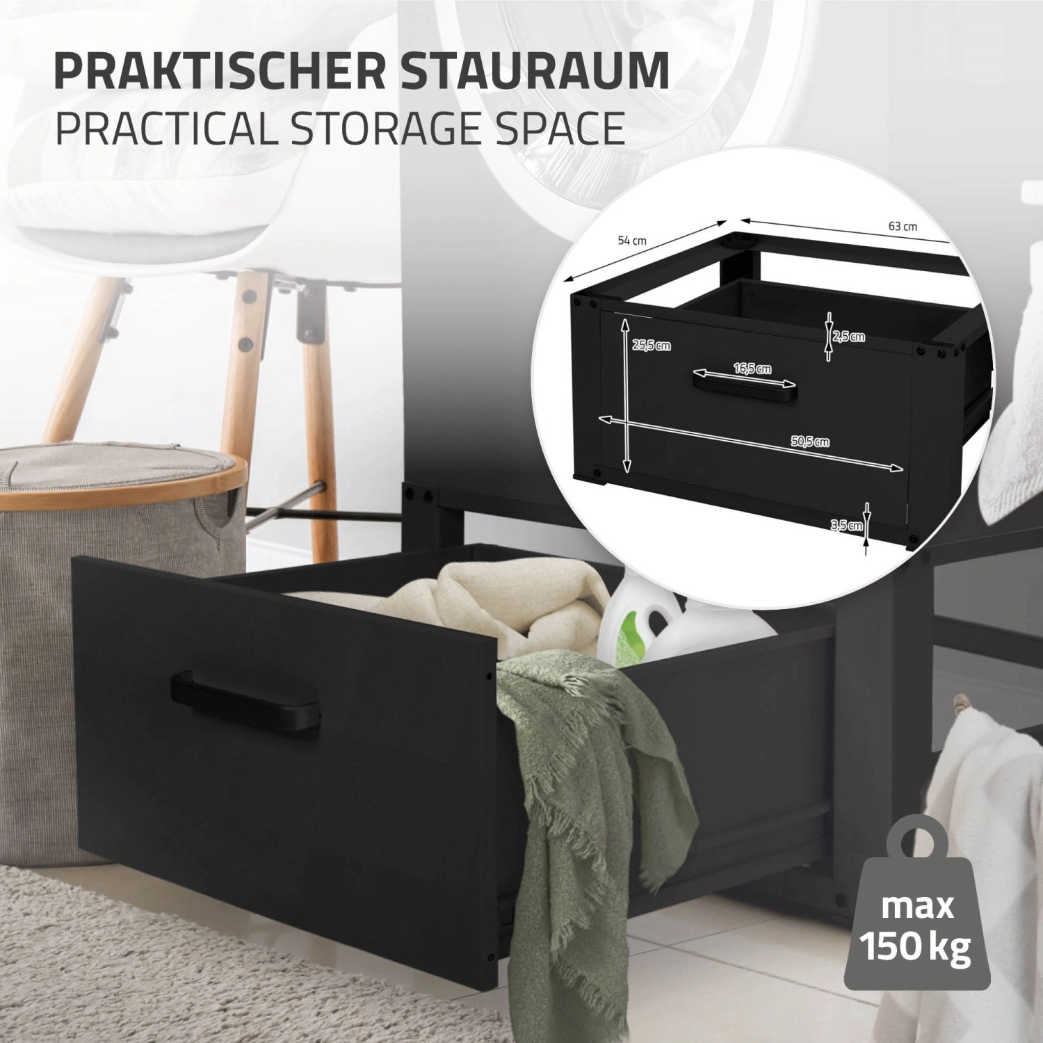 ML-Design Waschmaschinen Untergestell mit Schublade, Stahl schwarz, mit Wäsche befüllt.