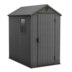 Keter Gerätehaus Darwin 2,3 m² in Grau: Kleiner Gartenhaus Schuppen mit Fenster und Lüftungsgitter.