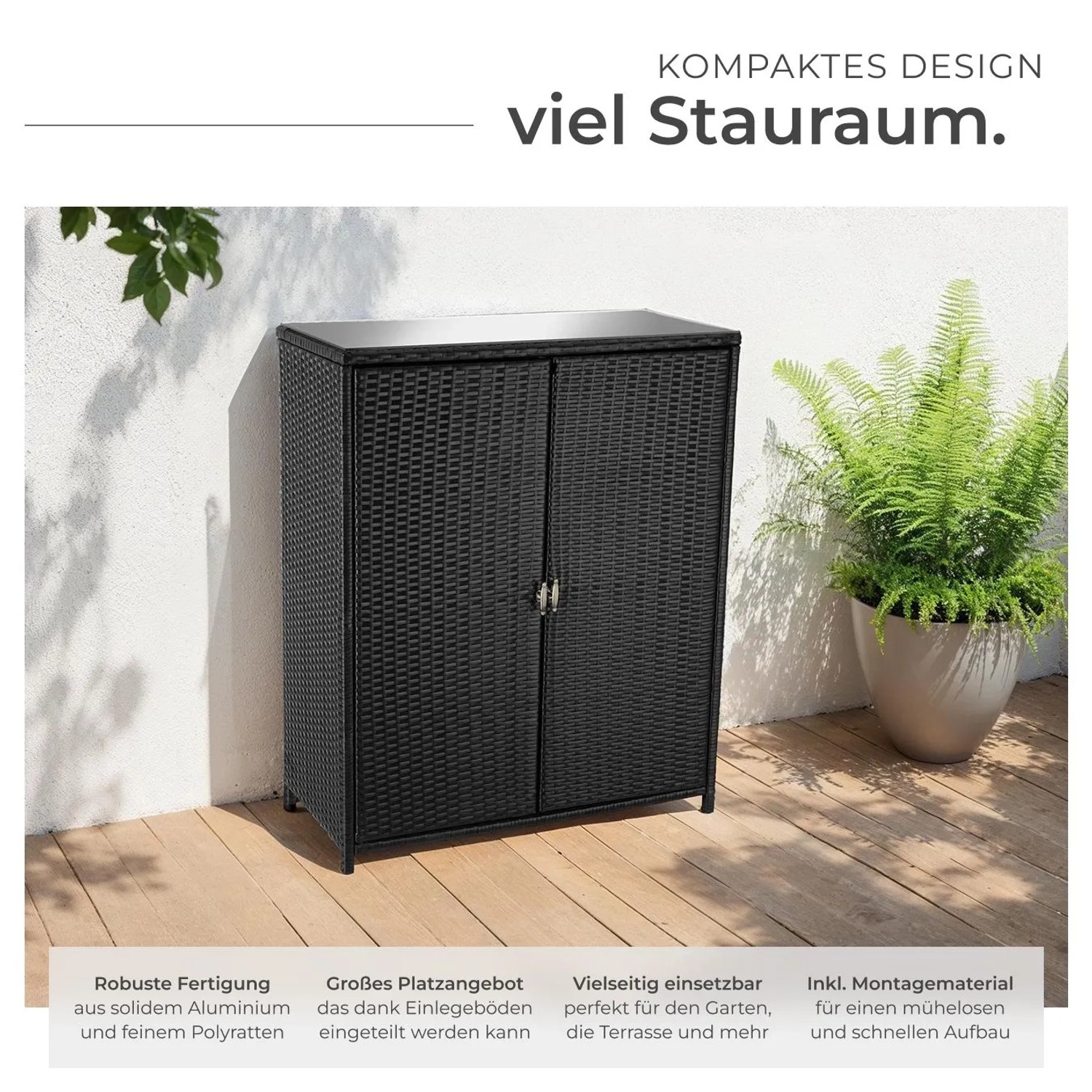 Schwarzer Tectake Gartenschrank Monza aus Polyrattan mit Glastischplatte und zwei Türen.