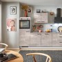 Moderne pino Küchenzeile in Beton Perlgrau, 280 cm breit, mit Geräten und Spüle.